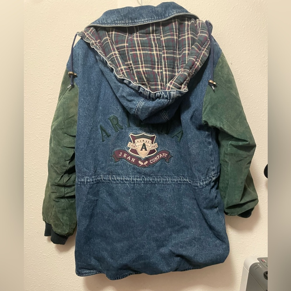 Vintage Arizona 90s Jean Jacket Flannel Lined Suede Leather Sleeves chore Coat L